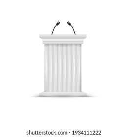 Antique column pulpit. White podium tribune with microphones. Blank rostrum stand. 3D illustration isolated on white.