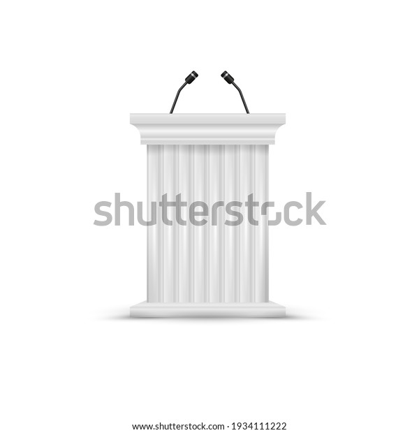 Antique column\
pulpit. White podium tribune with microphones. Blank rostrum stand.\
3D illustration isolated on\
white.