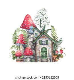 Antique forest house with green door and stone hearth in a garden of wild herbs, ferns, strawberries, mushrooms and fly agarics hand drawn watercolor illustration isolated on white background.