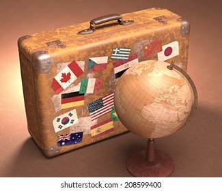 Antique globe in front of a retro suitcase. Travel concept around the world.