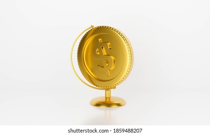 Antique globe money dollar gold coin isolated on white background abstract. 3d rendering for bank money, finance market, loan concept. Creative idea design. finance control.