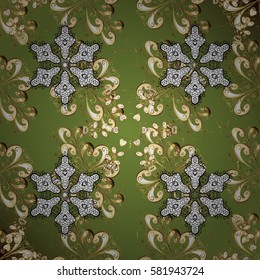 Antique golden repeatable wallpaper. Damask repeating background. Golden green floral ornament in baroque style. Golden element on green background.