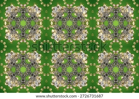Antique golden repeatable wallpaper. Golden element on green, gray and beige colors. Damask seamless repeating pattern. Gold floral ornament in baroque style.