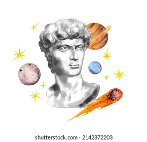 Antique gypsum statue with planets, stars in universe. Watercolor celestial design, space esoteric illustration for trendy tattoo. Contemporary ancient greece sculpture, hellenistic modern