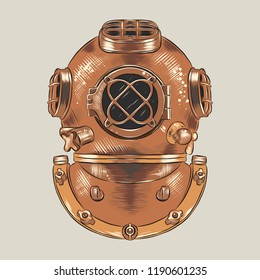 Antique heavy brass copper diving helmet illustration  Vintage scuba suit part  industrial diver equipment for deep  sea diving  Engraving sketch