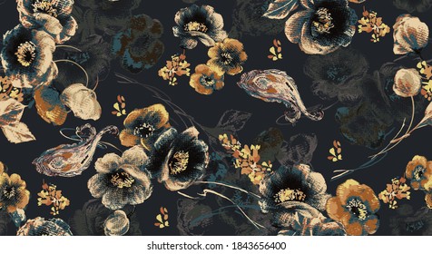 Antique illustration. Hand drawing wallpaper. The Amazing fabric Abstract Background, Halftone Flowers Bouquet, Floral illustration, for greeting card, textile and digital print - Illustration