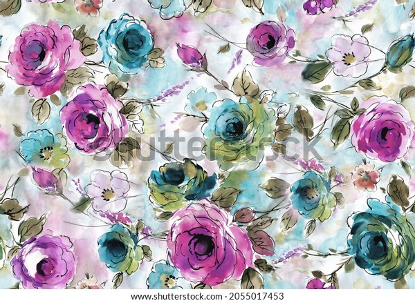 Antique illustration. Hand drawing latest wallpaper design. The Amazing fabric Abstract Background, Halftone Flowers Bouquet, Floral illustration, for greeting card, textile and digital print - Illustration