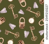 Antique lock with key, pink moth and pocket watch watercolor seamless pattern on green background. Hand painted illustration perfect for wrapping paper, textile, cards, stationary decor. Vintage