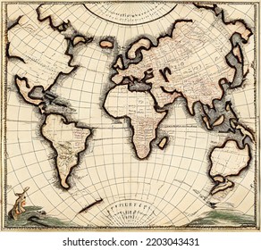 Antique Map Of The World, With Old Style Decoration And Ancient Ratings, Illustration Of The Exploration Of The New World