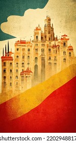 Antique Poster About Spain And Tourism In This Country, For Flyer Inviting To Travel In The Historic Spanish Land