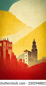 Antique Poster About Spain And Tourism In This Country, For Flyer Inviting To Travel In The Historic Spanish Land