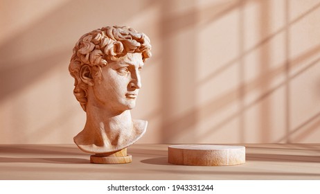 Antique statue Product display background and podium  David bust sculpture  Museum exhibition product placement template  3d rendering 
