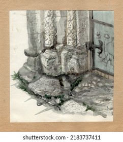 Antique stone column base, floral and animalistic carving decor at the entrance to an old orthodox church in Russia. Watercolor painted sketch