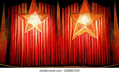 Antique Theater Flyer With Red Curtain, Vintage And Old School, Old Style For A Large Play And Many Spectators
