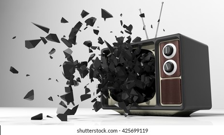 Antique TV Set With Exploding Screen. 3D Rendering