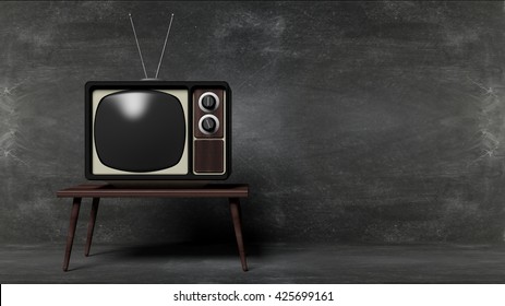 Antique TV set on table with blackboard background. 3D rendering