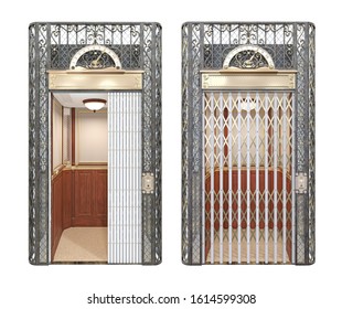 Antique vintage elevator with forged decorative elements with open and closed latticed door. Front view . 3d illustration isolated on white background.