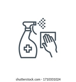 Antiseptic Spray Bottle With Hand Single Line Icon Isolated On White. Outline Symbol Cleaner Coronavirus Pandemic Banner. Quality Design Element Antibacterial Disinfect Surfaces With Editable Stroke