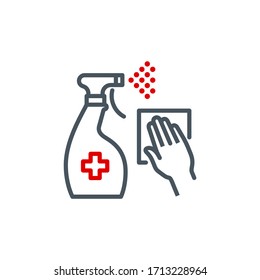 Antiseptic Spray Bottle With Hand Single Line Icon Isolated On White. Outline Symbol Cleaner Coronavirus Pandemic Banner. Quality Design Element Antibacterial Disinfect Surfaces With Editable Stroke