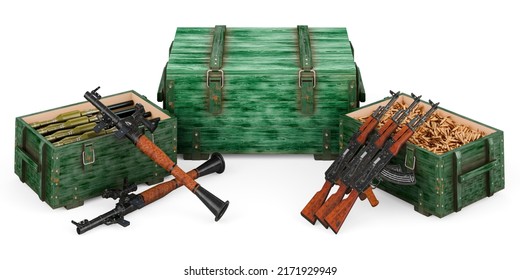 Anti-tank Guided Missiles With Ammo Crate Full Of Rockets And Assault Rifles With Military Wooden Ammunition Box Full Of Rifle Bullets. 3D Rendering Isolated On White Background