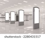 anti-theft alarm detector at the entrance of the shopping center grocery store or super market with blank poster. 3d rendering illustration