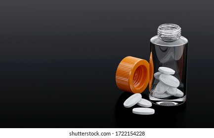 Antiviral Drug Medication In Bottle For New COVID19 Coronavirus. Therapy For Korona Virus. Remdesivir, Azithromycin, Hydroxychloroquine Therapy Drugs Pharmaceutical For Corona Virus. 3D Rendering