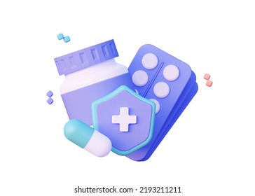 Antiviral drugs for the treatment of diseases. A bottle of medicines, a shield and plates of pills. 3D rendering illustration isolated on a white background. - Powered by Shutterstock