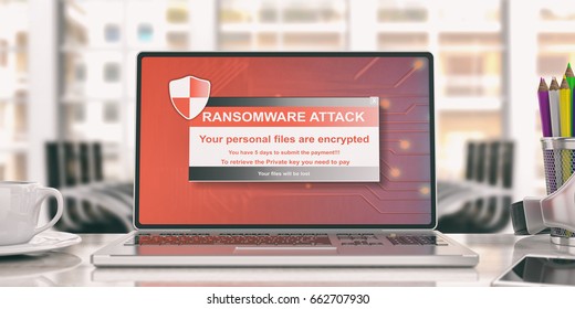 Antivirus, Security Concept. Ransomware Virus Alert On A Computer Laptop Screen, Blur Office Background. 3d Illustration