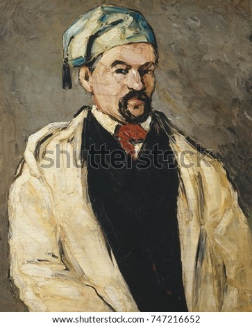 Antoine Dominique Sauveur Aubert, by Paul Cezanne, 1866, French Post-Impressionist oil painting. Cezanne painted his maternal uncle, Dominique Aubert, in different costumes, such as this robe and tass