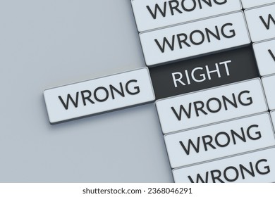 Antonym words wrong and right on blocks. Correct and incorrect action. Effective or ineffective strategy. Alternative way. Different options. Choice concept. 3d render