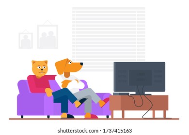 Antropomorphic People Style Funny Cat And Dog Buddy Sitting On Sofa And Watching Movie On TV At Home Illustration