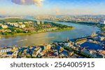 Antwerp, Belgium. Watercolor illustration. Flying over the roofs of the historic city. Schelde (Esco) river. Industrial area of the city, Aerial View