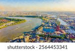 Antwerp, Belgium. Watercolor illustration. Flying over the roofs of the historic city. Schelde (Esco) river. Industrial area of the city, Aerial View