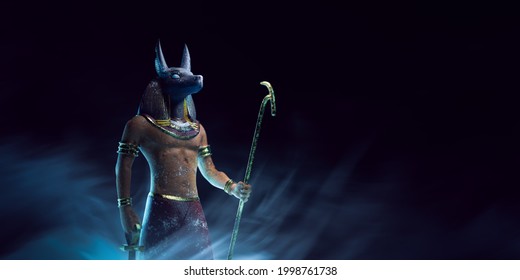 Anubis head, Egyptian god of death in a dark smoky background. 3D Rendering, illustration