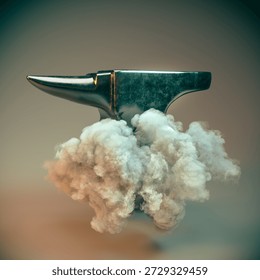 Anvil floating on ethereal cloud defying gravity 3d