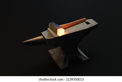 Anvil And Hot Hammer, 3d Rendering. Computer Digital Drawing.