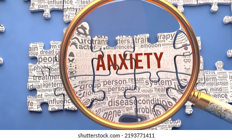 Anxiety as a complex and multipart topic under close inspection. Complexity shown as matching puzzle pieces defining dozens of vital ideas and concepts about Anxiety,3d illustration