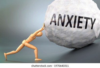 Anxiety and painful human condition, pictured as a wooden human figure pushing heavy weight to show how hard it can be to deal with Anxiety in human life, 3d illustration