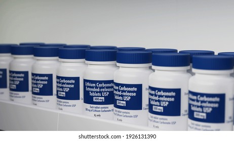 Anxiety Prescription Drug Lithium Carbonate Tablets On Pharmacy Shelf 3d Render