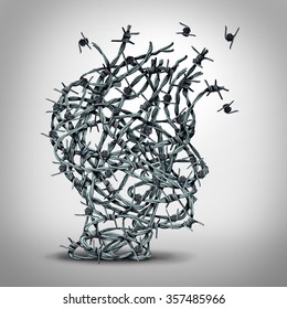 Anxiety solution and freedom from fear and depression as a group of tangled barbwire or barbed wire fence shaped as a human head breaking free as a metaphor for psychological or psychiatric icon.