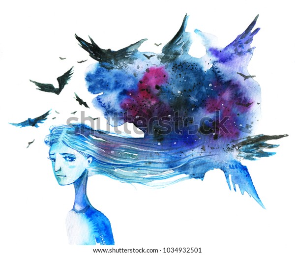 暗い青の雲と鳥を頭にかけた不安な長毛の女性 白い背景に手描きの水彩イラスト のイラスト素材