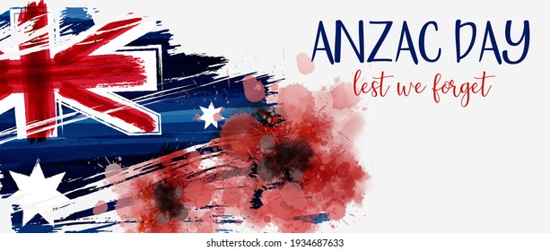 Anzac Day banner with grunge watercolor Australia flag and two red poppy flowers. Remembrance symbol. Lest we forget.