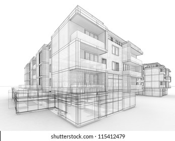 Apartment Building Design Concept, Architects Computer Generated Visualization In Drawing Style