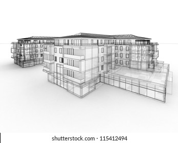 Apartment Building Design Concept, Architects Computer Generated Visualization In Drawing Style