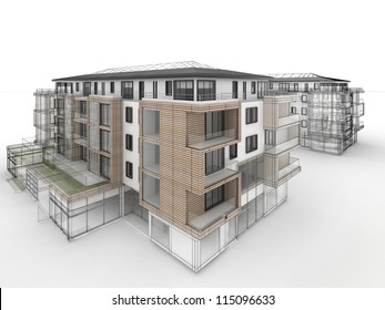 Apartment Building Design Progress, Architecture Visualization In Mixed Drawing And Photo Realistic Style