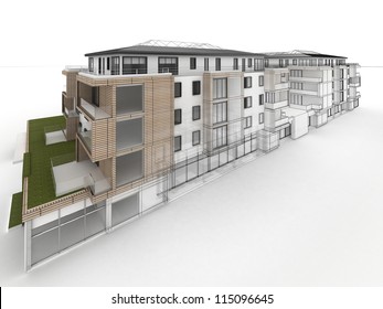 Apartment Building Design Progress, Architecture Visualization In Mixed Drawing And Photo Realistic Style