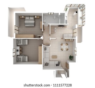 Apartment flat top view, furniture and decors, plan, cross section interior design, architect designer concept idea, white blank background, 3d illustration