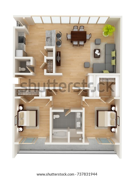 アパートの平面図上面図 2つの寝室とオープンスペースのコンセプトリビングルーム 賃貸物件 または新しい家庭用3dイラスト のイラスト素材