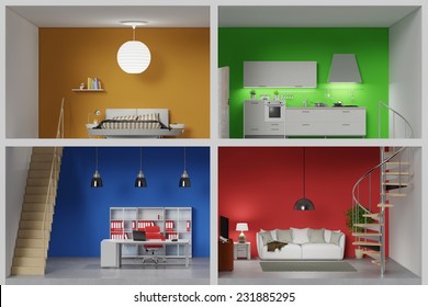Apartment with four colorful rooms in a living box (3D Rendering)