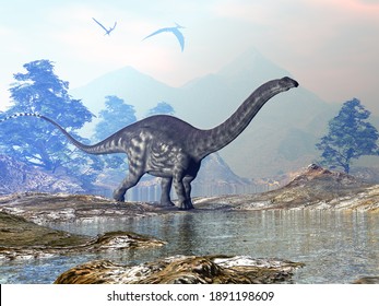 Apatosaurus dinosaur walking in a beautiful landscape with mountains and water by sunset - 3D render